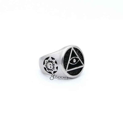 Stainless steel men's ring featuring the All Seeing Eye or Eye of Providence design, crafted by Glitters.