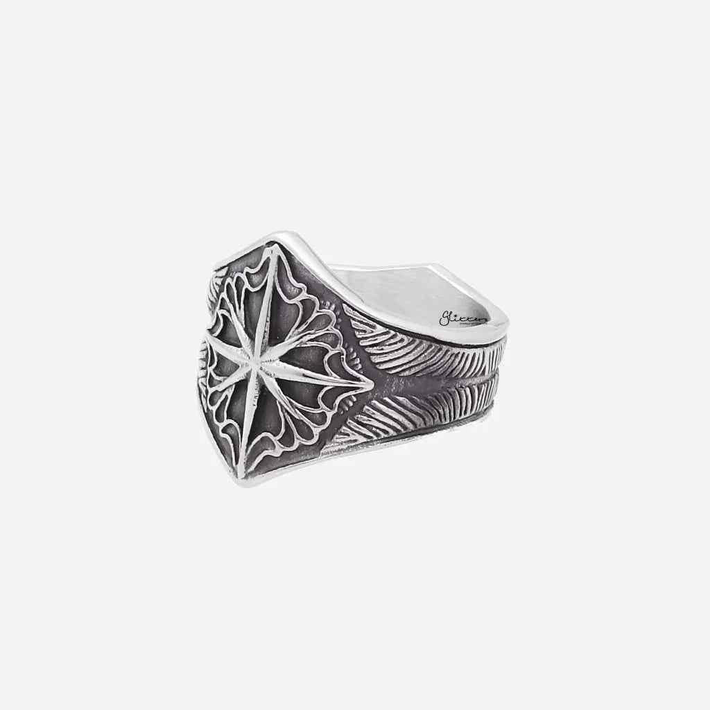Stainless steel compass ring by Glitters featuring a detailed compass design on a sleek band.