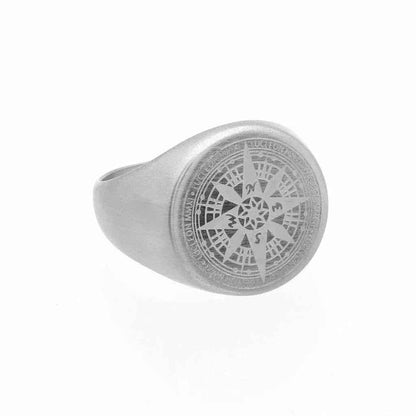 Stainless steel Compass Rose ring by Glitters featuring a detailed compass rose design on a sleek band.