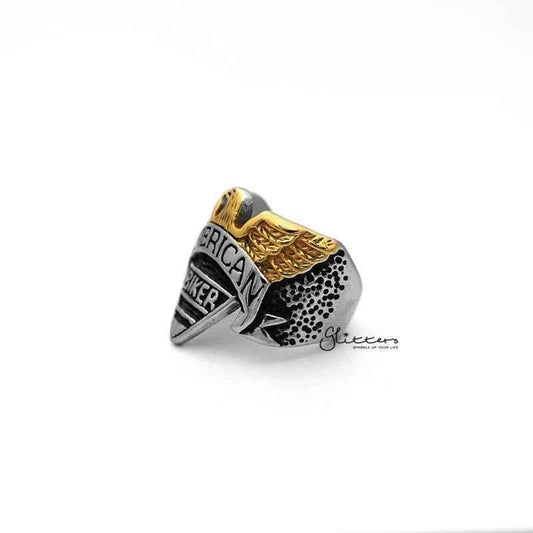 Stainless steel men's ring featuring an eagle design and "American Biker" casting by Glitters