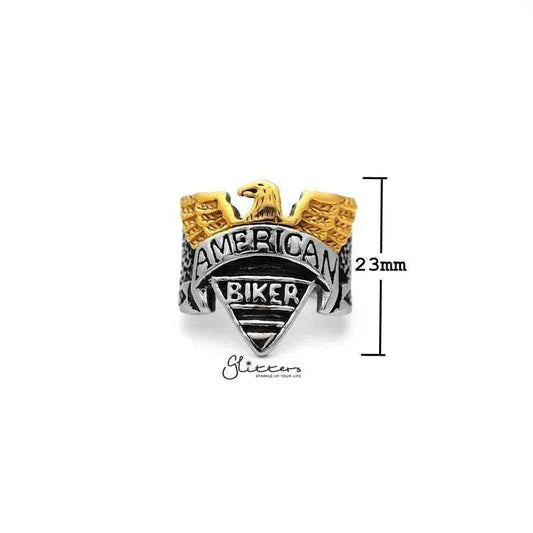 Stainless steel eagle ring with "American Biker" casting design, men's jewelry by Glitters featuring bold biker style.