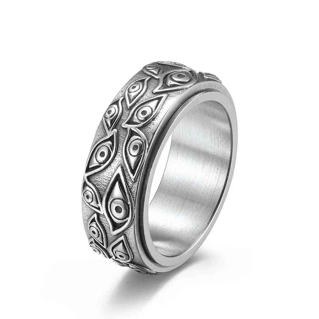 Silver stainless steel Eye Of God spinner ring by Glitters, featuring intricate design and smooth spinning band.