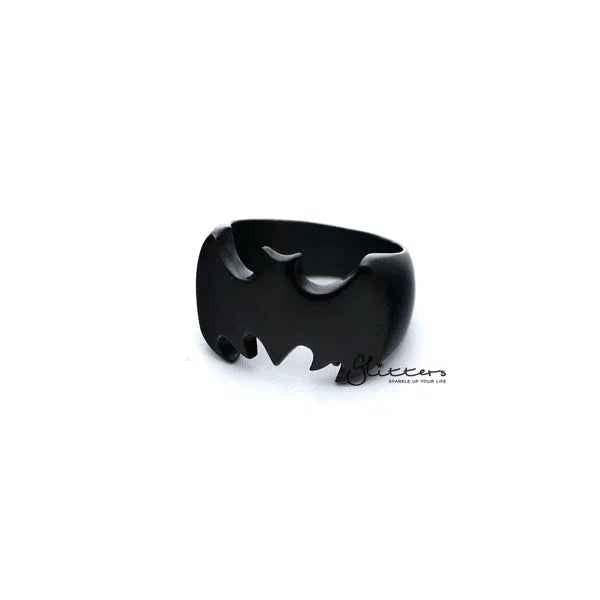 Black stainless steel Batman casting men's ring by Glitters with a glossy finish, featuring a detailed Batman logo design.