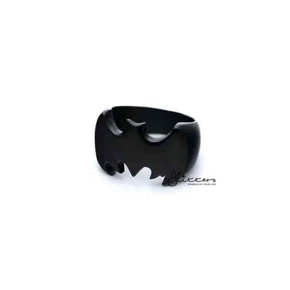 Black stainless steel Batman casting men's ring by Glitters with a glossy finish, featuring a detailed Batman logo design.