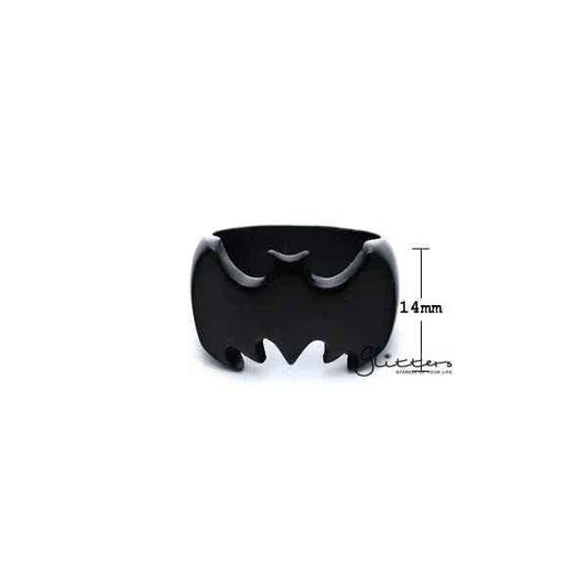 Glossy black Batman casting stainless steel men's ring by Glitters, featuring a detailed Batman logo design.