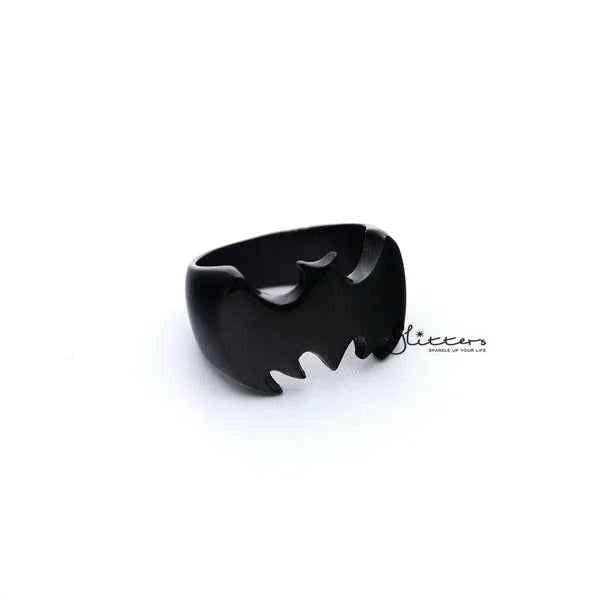 Glossy black stainless steel Batman casting men's ring by Glitters featuring detailed Batman emblem design.