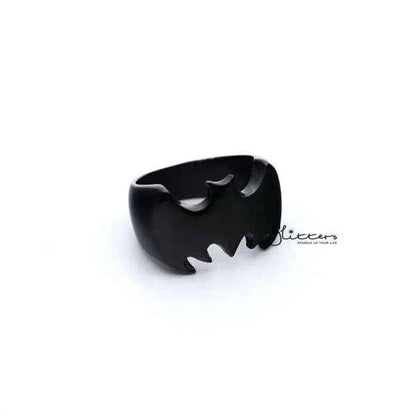 Glossy black stainless steel Batman casting men's ring by Glitters featuring detailed Batman emblem design.