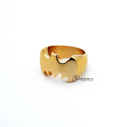 Gold stainless steel Batman casting men's ring with glossy finish by Glitters, featuring a detailed Batman logo design.