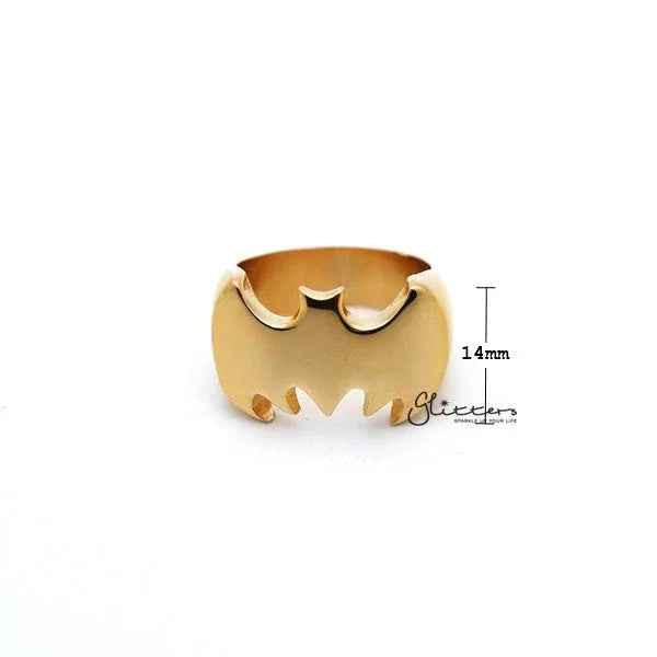 Gold stainless steel Batman casting men's ring with glossy finish from Glitters, featuring detailed Batman logo design.