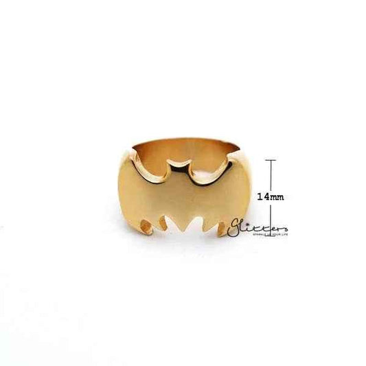 Gold stainless steel Batman casting men's ring with glossy finish from Glitters, featuring detailed Batman logo design.