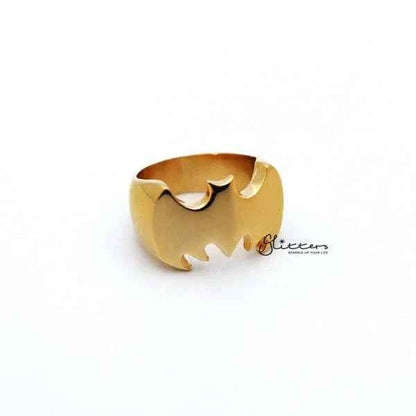 Gold stainless steel Batman casting men's ring with a glossy finish by Glitters, featuring a detailed Batman logo design.