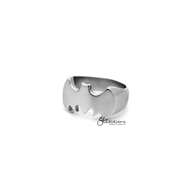 Stainless steel glossy Batman casting men's ring by Glitters, silver-colored with a detailed Batman design.