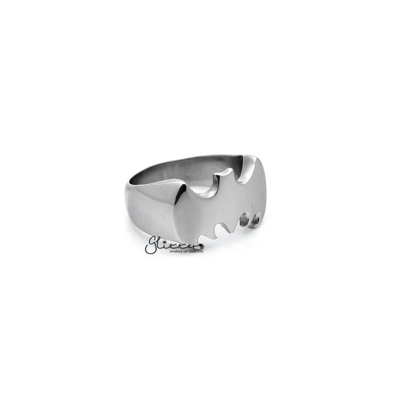 Stainless steel glossy Batman casting men's ring in silver by Glitters, featuring a detailed Batman logo design.