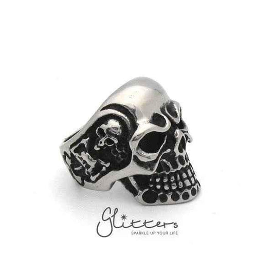 Stainless steel Gothic skull cast men's ring by Glitters featuring a detailed skull design on a sleek band.