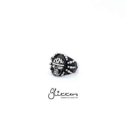 Stainless steel Gothic Soldier Ghost Skull Spider Cast Ring by Glitters, featuring a detailed skull, spider, and gothic design.