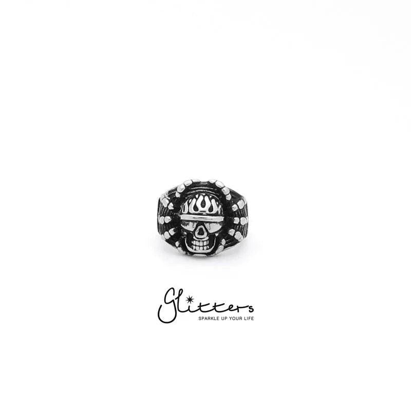 Stainless steel Gothic soldier ghost skull spider cast ring by Glitters featuring detailed gothic design and spooky elements.