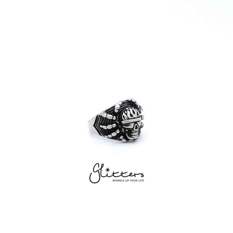 Stainless steel Gothic soldier ghost skull spider cast ring by Glitters, featuring intricate gothic design and detailed skull and spider motifs.
