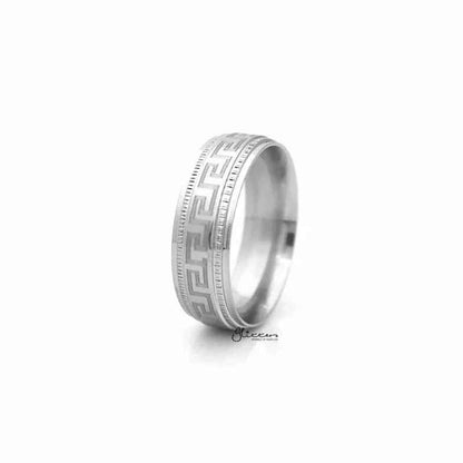 Stainless steel Greek key pattern band ring by Glitters, featuring intricate geometric design on smooth metal surface.