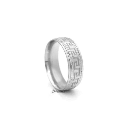 Stainless steel Greek key pattern band ring by Glitters, featuring intricate geometric design on smooth metallic surface.