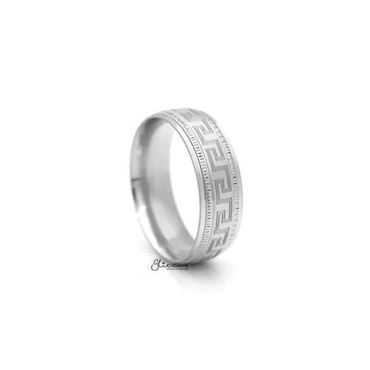 Stainless steel Greek key pattern band ring by Glitters, featuring intricate geometric design on smooth metallic surface.