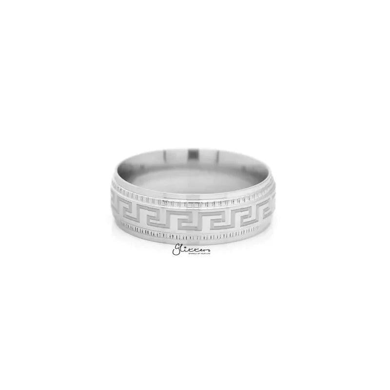 Stainless steel Greek key pattern band ring by Glitters, featuring a sleek, polished design with intricate geometric detailing.