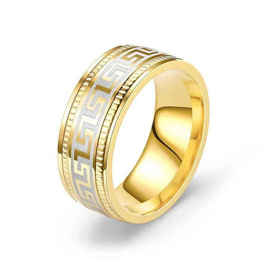 Gold stainless steel Greek key pattern band ring by Glitters, featuring a sleek and stylish design for everyday wear.