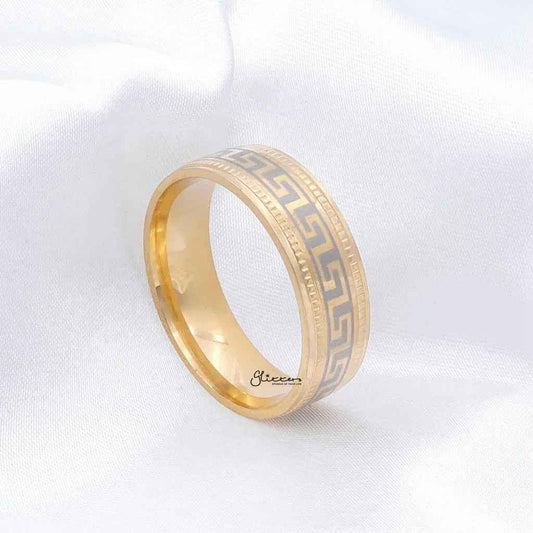 Gold stainless steel Greek key pattern band ring by Glitters, showcasing intricate design and polished finish.