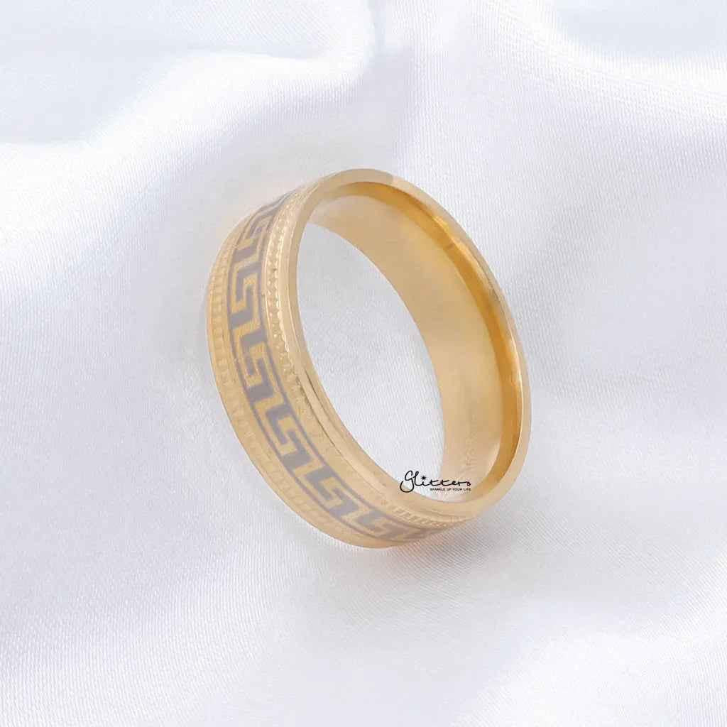 Gold stainless steel Greek key pattern band ring by Glitters, featuring intricate geometric design on a sleek ring.