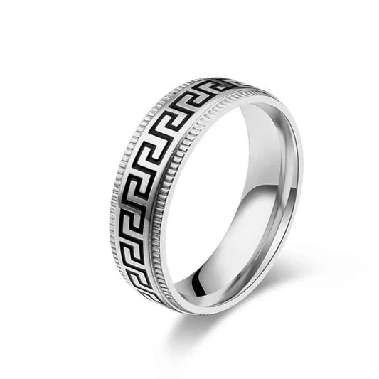 Silver stainless steel Greek key pattern band ring by Glitters, showcasing a sleek and detailed geometric design.