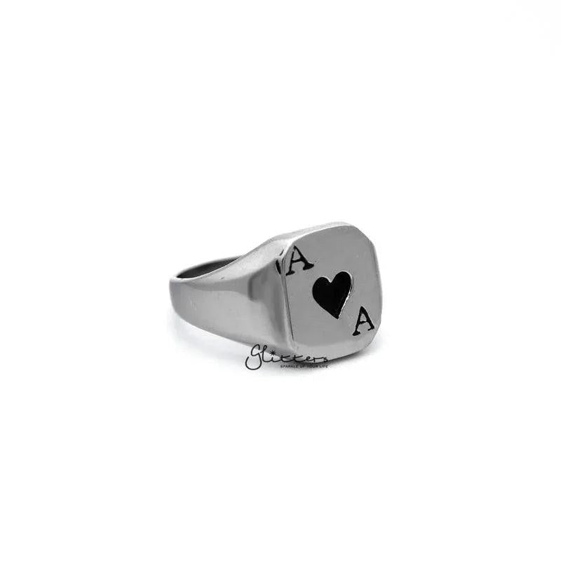 Stainless steel Hearts Ace Casting men's ring by Glitters featuring engraved heart designs on a sleek band.