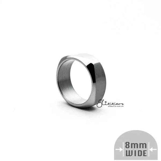 Stainless steel high-polished 8mm wide square shape band ring in silver by Glitters, showcasing its unique geometric design.