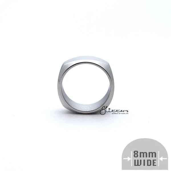 High-polished silver stainless steel ring with an 8mm wide unique square band shape, featuring a sleek modern design.