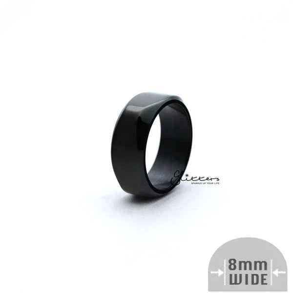 Black stainless steel ring with high-polished 8mm wide square-shaped band, featuring a modern, unique design by Glitters.