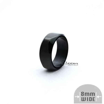 Black stainless steel ring with high-polished 8mm wide square-shaped band, featuring a modern, unique design by Glitters.