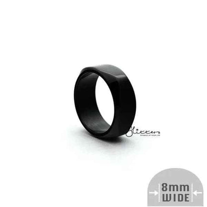 Black stainless steel ring featuring an 8mm wide high-polished square-shaped band, from Glitters.
