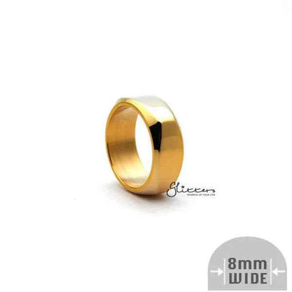Gold stainless steel ring with an 8mm wide unique square shape band, high-polished finish, by Glitters.