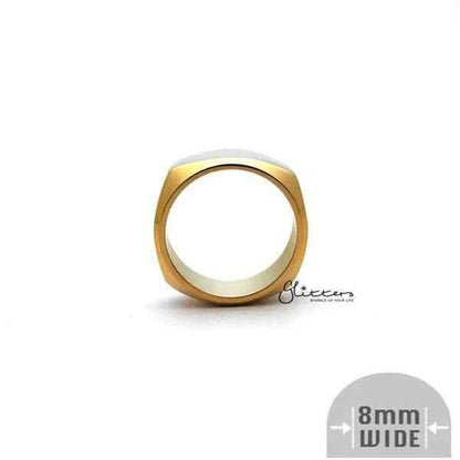 Gold stainless steel band ring with a high-polished, 8mm wide square-shaped design, by Glitters.