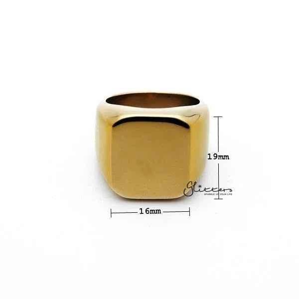 High-polished gold stainless steel square-shaped men's ring by Glitters showing a sleek, shiny band with geometric design.