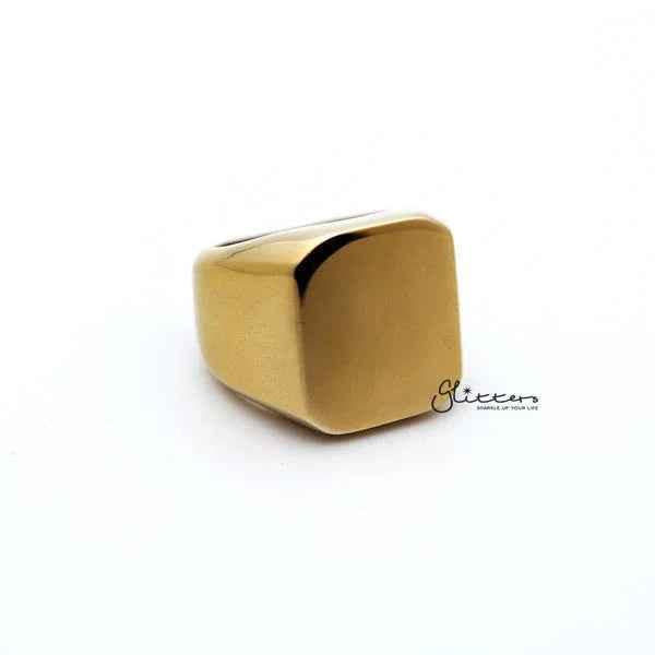 Gold stainless steel men's ring with high-polished square shape from Glitters, showcasing a sleek and modern design.
