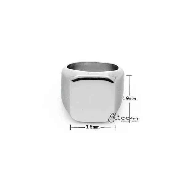 High-polished stainless steel square shape men's ring in silver, featuring a sleek, modern design by Glitters.