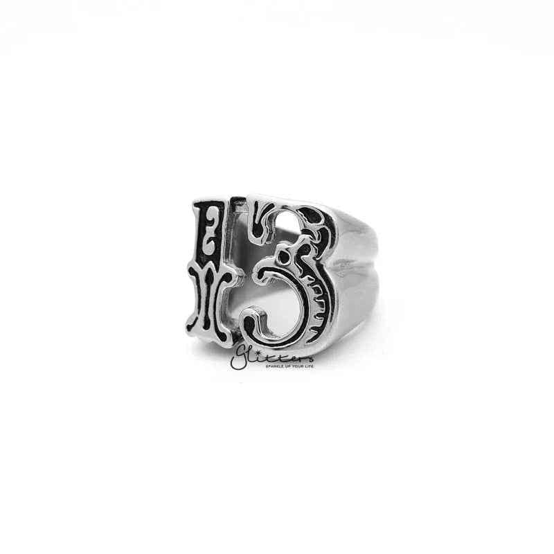 Stainless steel hollow number 13 men's ring by Glitters featuring bold, polished metal design with engraved numerals.