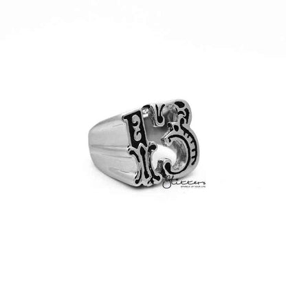 Stainless steel hollow number 13 casting men's ring by Glitters, featuring a bold numeral design on a sleek band.