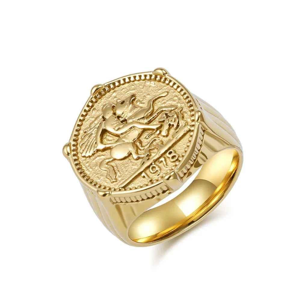Gold stainless steel Knight coin signet ring from Glitters, featuring detailed knight design on polished ring surface.