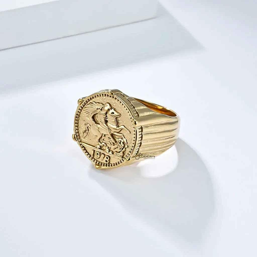 Gold stainless steel knight coin signet ring from Glitters, featuring detailed knight design and polished finish.