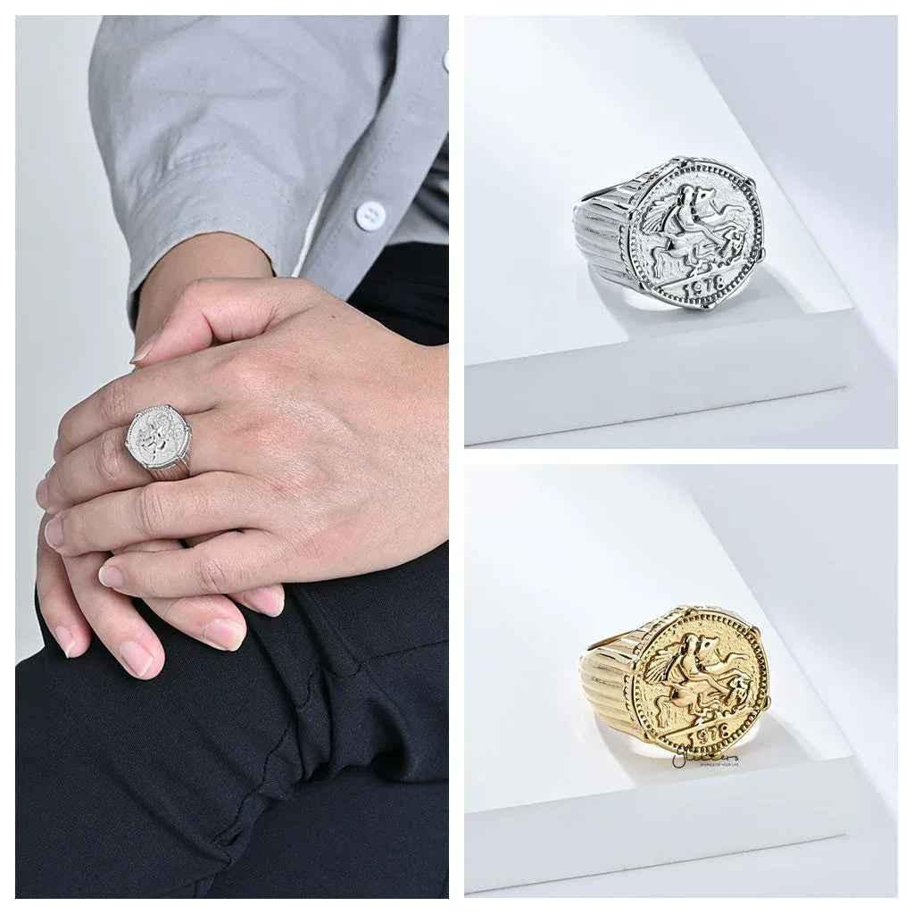 Gold stainless steel knight coin signet ring by Glitters, featuring detailed knight design on a polished band.