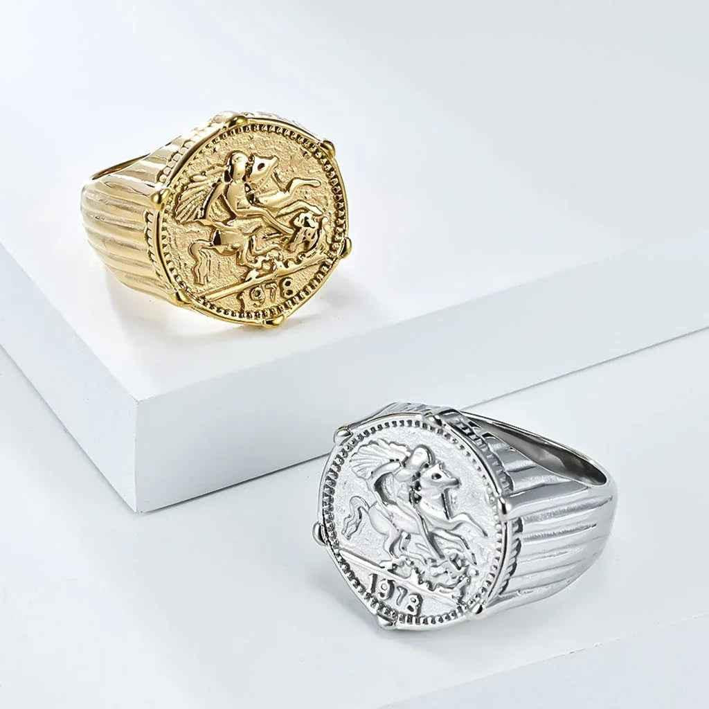 Gold stainless steel knight coin signet ring by Glitters, featuring detailed knight design on a smooth band.