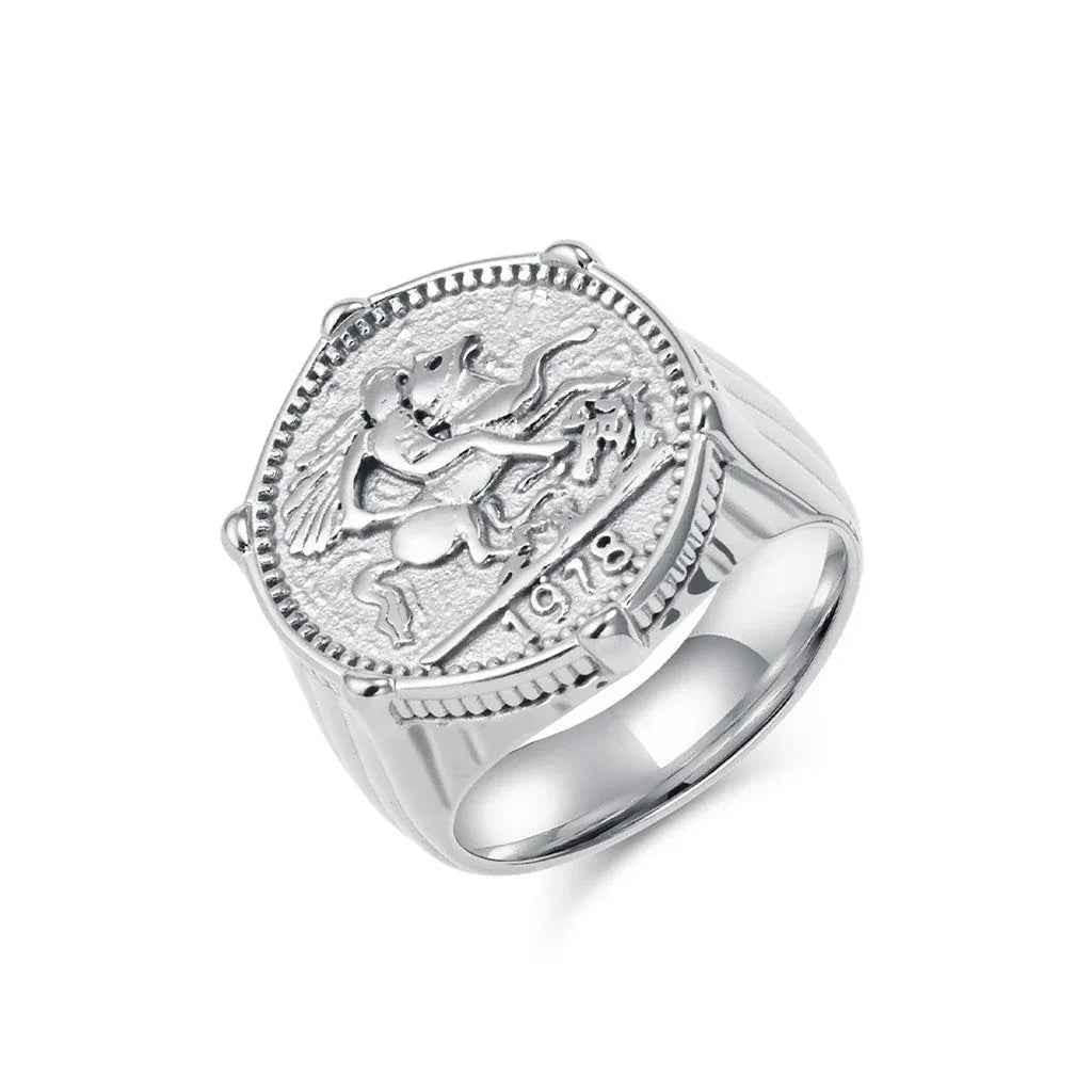 Stainless steel knight coin signet ring in silver, featuring a detailed engraved knight design, by Glitters.