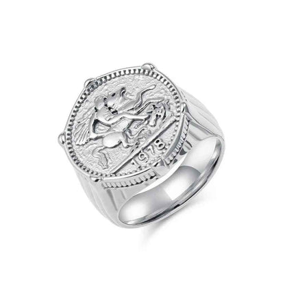 Stainless steel knight coin signet ring in silver, featuring a detailed engraved knight design, by Glitters.