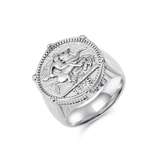 Stainless steel knight coin signet ring in silver, featuring a detailed engraved knight design, by Glitters.