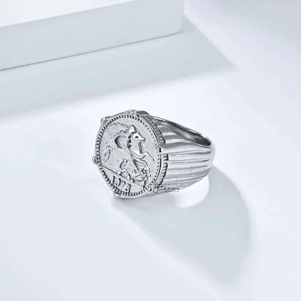 Stainless steel knight coin signet ring in silver with detailed crest design, crafted by Glitters for stainless steel rings.